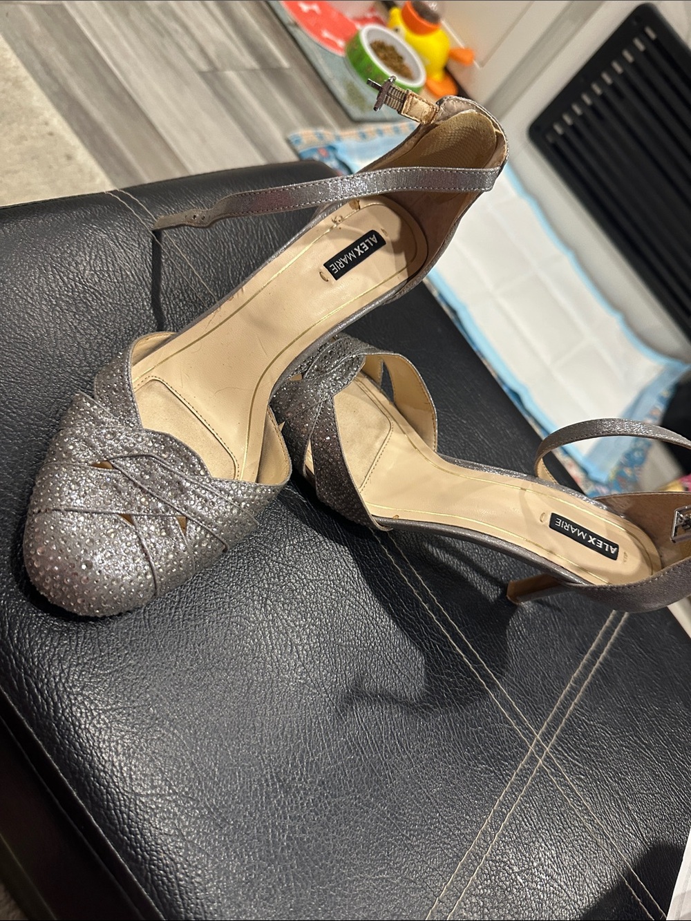 Alex Marie Silver Glitter Crisscross Peep-Toe Ankle Strap Heels